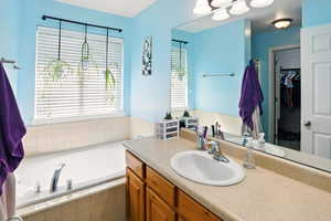 Full bathroom featuring vanity, a garden tub, and a spacious closet