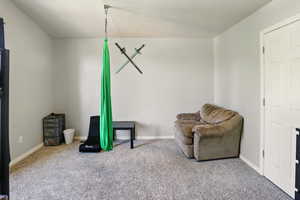 Sitting room with carpet flooring and baseboards