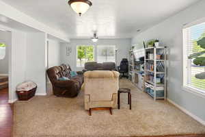 Living room with healthy amount of natural light, baseboards, and carpet floors