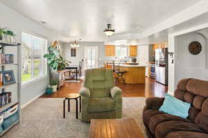 Living room with baseboards and dark wood-type flooring