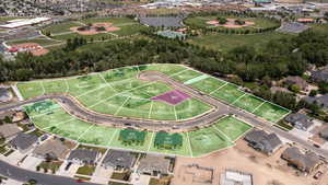 Aerial overview of property's location with nearby suburban area