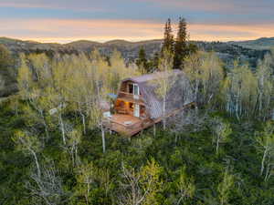 View from above of property featuring a forest