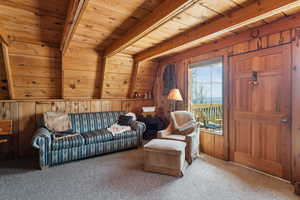 Living area featuring wood ceiling, carpet flooring, and wooden walls