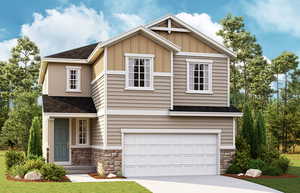 Craftsman-style house featuring stone siding, an attached garage, driveway, and a front lawn