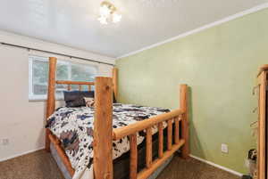 Carpeted bedroom with ornamental molding, baseboards, and a textured ceiling