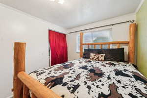 Bedroom featuring crown molding, a textured ceiling, a closet, and baseboards