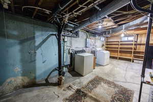 Basement featuring washing machine and dryer and electric panel