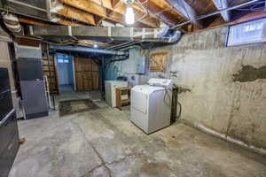 Below grade area with washer and clothes dryer and electric panel