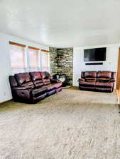 Living area featuring a textured ceiling, carpet flooring, baseboards, and a wood stove