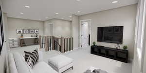 Living area featuring carpet flooring and recessed lighting