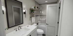 Full bathroom featuring  shower combination, vanity, and recessed lighting