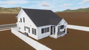 View of property exterior featuring a mountain view, a fenced backyard, and roof with shingles