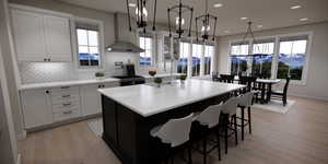 Kitchen with dark cabinets, decorative backsplash, wall chimney exhaust hood, white cabinetry, and recessed lighting