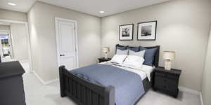 Bedroom with light carpet and recessed lighting