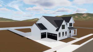 View of home's exterior featuring a mountain view, roof with shingles, and a garage