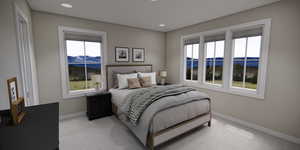Carpeted bedroom with a mountain view, multiple windows, and recessed lighting