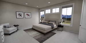 Bedroom featuring light colored carpet, recessed lighting, and a mountain view