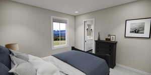 Carpeted bedroom featuring ensuite bath and recessed lighting