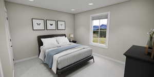 Carpeted bedroom with recessed lighting and a mountain view