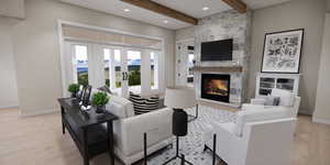Living area featuring light wood-style floors, a fireplace, beamed ceiling, recessed lighting, and french doors