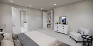 Bedroom with recessed lighting and light colored carpet