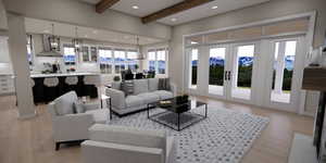 Living area featuring beam ceiling, plenty of natural light, light wood finished floors, recessed lighting, and french doors