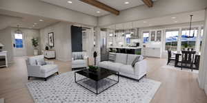 Living area featuring a barn door, beam ceiling, recessed lighting, a chandelier, and light wood finished floors
