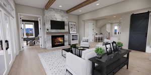 Living area with a barn door, beam ceiling, light wood-style floors, a fireplace, and recessed lighting
