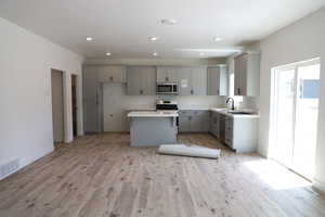 Kitchen with stainless steel appliances, gray cabinets, a sink, a center island, and light wood finished floors