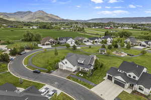 Aerial view of residential area with mountains