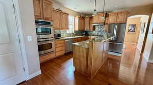 Kitchen with stainless steel appliances, dark wood-type flooring, tasteful backsplash, a sink, and arched walkways