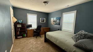 Bedroom featuring carpet and a textured ceiling