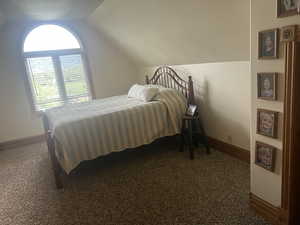 Carpeted bedroom featuring lofted ceiling, multiple windows, and baseboards