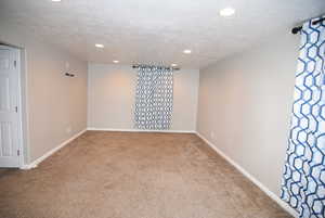 Family Room,  carpet, a textured ceiling, recessed lighting, and baseboards