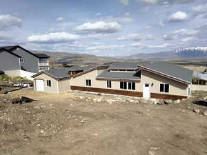Rear view of house featuring a mountain view and a shingled roof