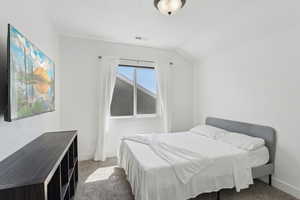 Bedroom featuring carpet floors, baseboards, and vaulted ceiling