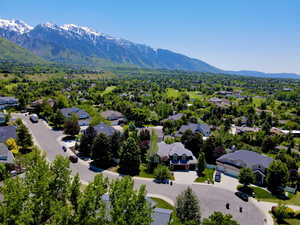 Aerial view of residential area with a mountainous background