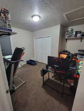 Home office with carpet flooring and a textured ceiling