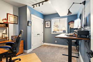 Bedroom/Office featuring rail lighting  and carpet floors
