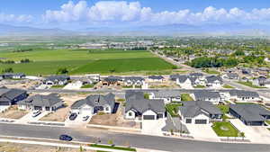 Aerial view of residential area with mountains