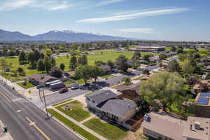 Aerial view of residential area with mountains