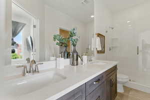 Bathroom featuring a stall shower, toilet, and double vanity