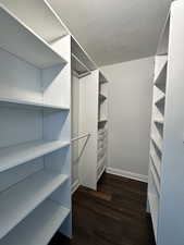 Walk in closet with dark wood-type flooring