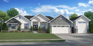 View of front of home featuring board and batten siding, stone siding, french doors, and a front yard