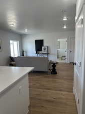 Living area with a textured ceiling, wood finished floors, and recessed lighting
