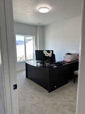 Office featuring a textured ceiling and light carpet