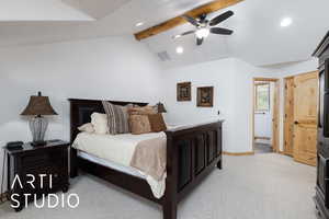 Bedroom with recessed lighting, baseboards, light carpet, ceiling fan, and attic access