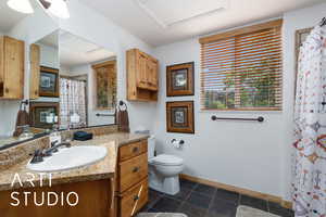 Bathroom featuring toilet, vanity, baseboards, and plenty of natural light