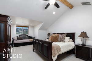 Bedroom with light colored carpet, a ceiling fan, and recessed lighting