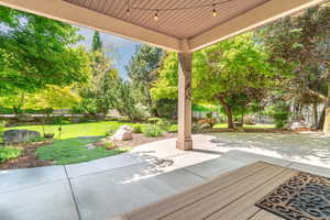 View from covered patio into the backyard.